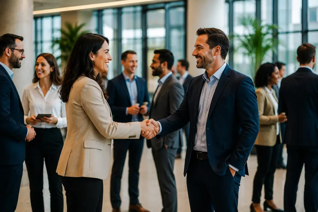 Profissionais em networking corporativo durante evento empresarial.