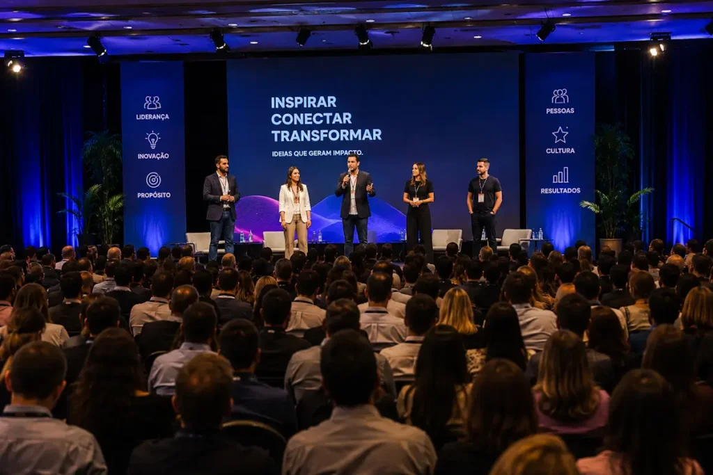 Um evento empresarial com palestrantes da Agência Metamorfoses